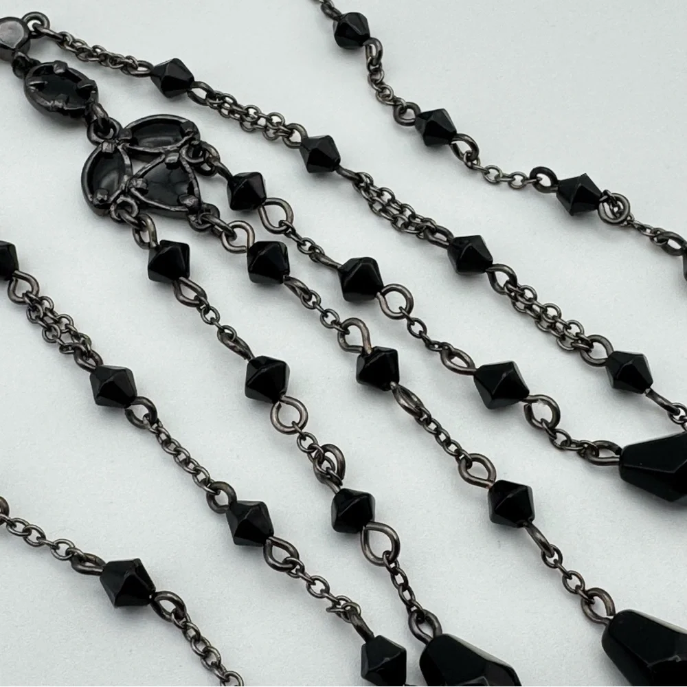 Gothic Style Black Crystal Beaded Y Necklace with Multi-Drop Tassel
